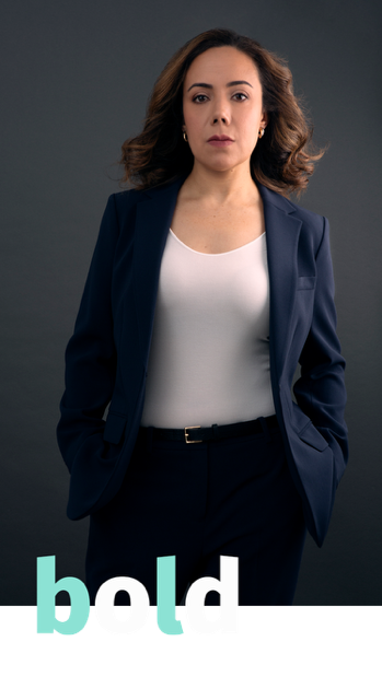 Portrait of Vania Barber in bold grey styling